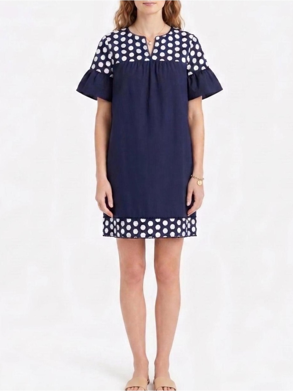 J.Crew Navy White Polka Dot Shift Dress Game Day Bell Sleeve Size 0